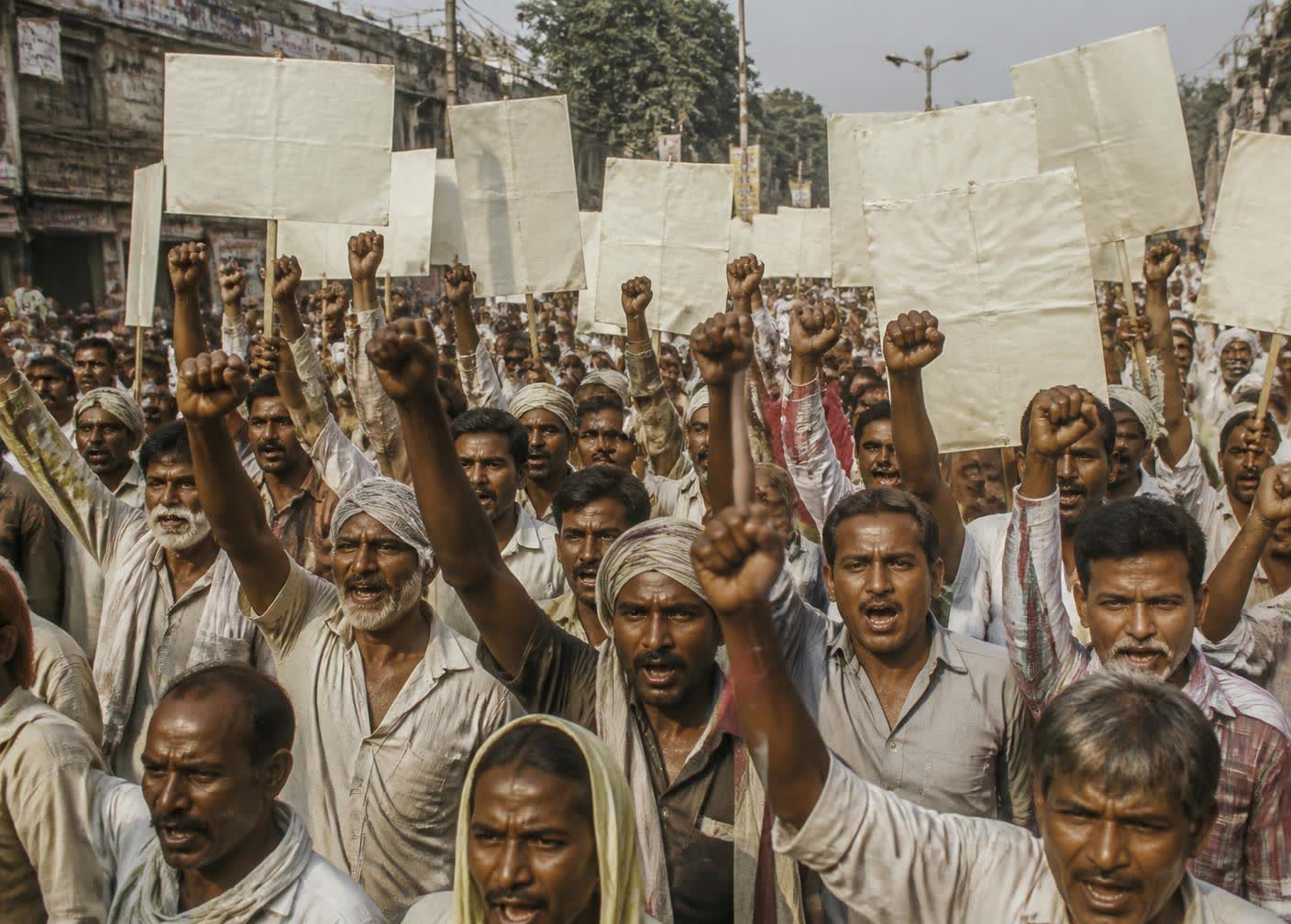 Workers raising their fists at a peaceful rally